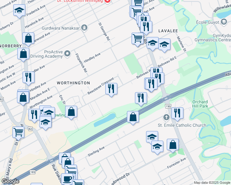 map of restaurants, bars, coffee shops, grocery stores, and more near 290 Beliveau Road in Winnipeg