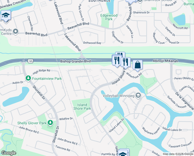 map of restaurants, bars, coffee shops, grocery stores, and more near 30 Charbonneau Crescent in Winnipeg