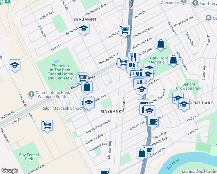 map of restaurants, bars, coffee shops, grocery stores, and more near 56 Beaumont Bay in Winnipeg