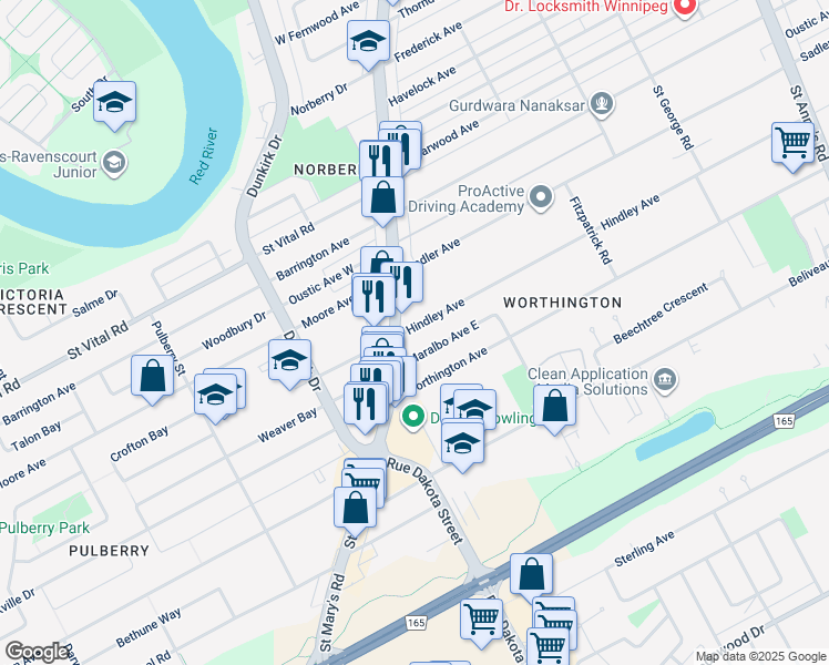 map of restaurants, bars, coffee shops, grocery stores, and more near 10 Hindley Avenue in Winnipeg