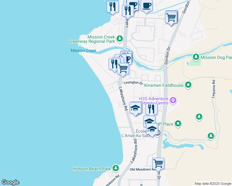map of restaurants, bars, coffee shops, grocery stores, and more near 4010 Lakeshore Road in Kelowna