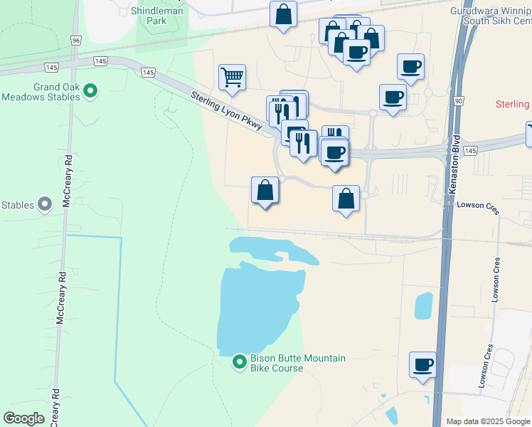 map of restaurants, bars, coffee shops, grocery stores, and more near 580 Sterling Lyon Parkway in Winnipeg