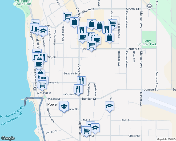 map of restaurants, bars, coffee shops, grocery stores, and more near 4554 Joyce Avenue in Powell River