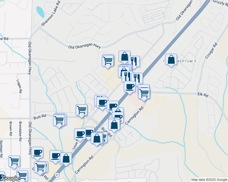 map of restaurants, bars, coffee shops, grocery stores, and more near Louie Drive in West Kelowna