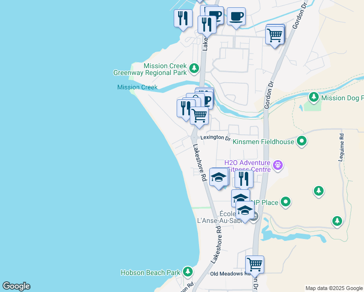 map of restaurants, bars, coffee shops, grocery stores, and more near 4010 Lakeshore Road in Kelowna