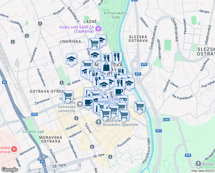 map of restaurants, bars, coffee shops, grocery stores, and more near 5 Českobratrská in Ostrava