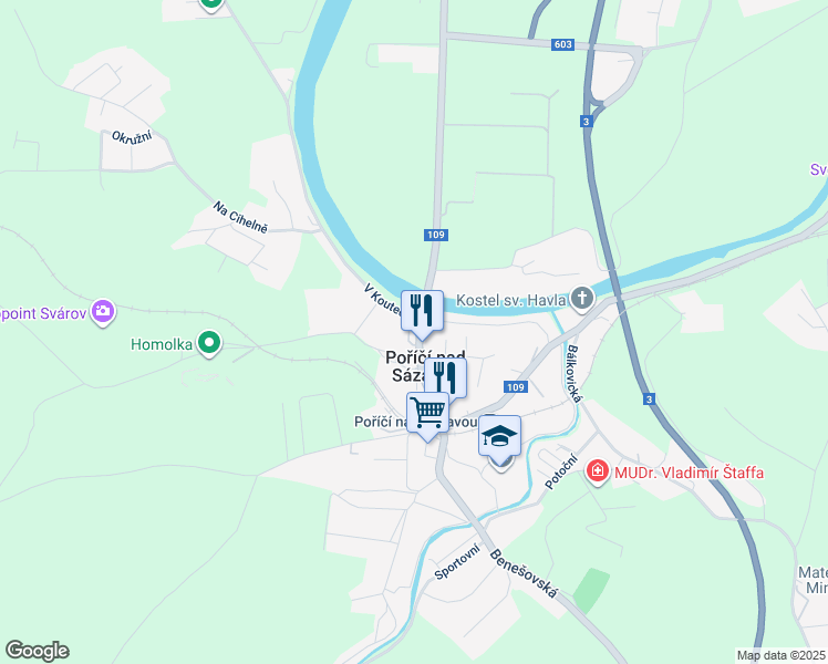map of restaurants, bars, coffee shops, grocery stores, and more near Pražská in Poříčí nad Sázavou