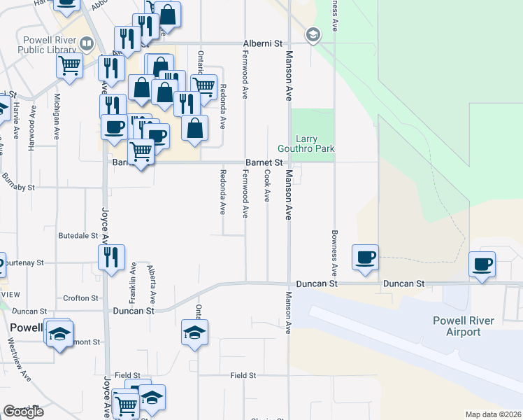map of restaurants, bars, coffee shops, grocery stores, and more near 4581 Cook Avenue in Powell River