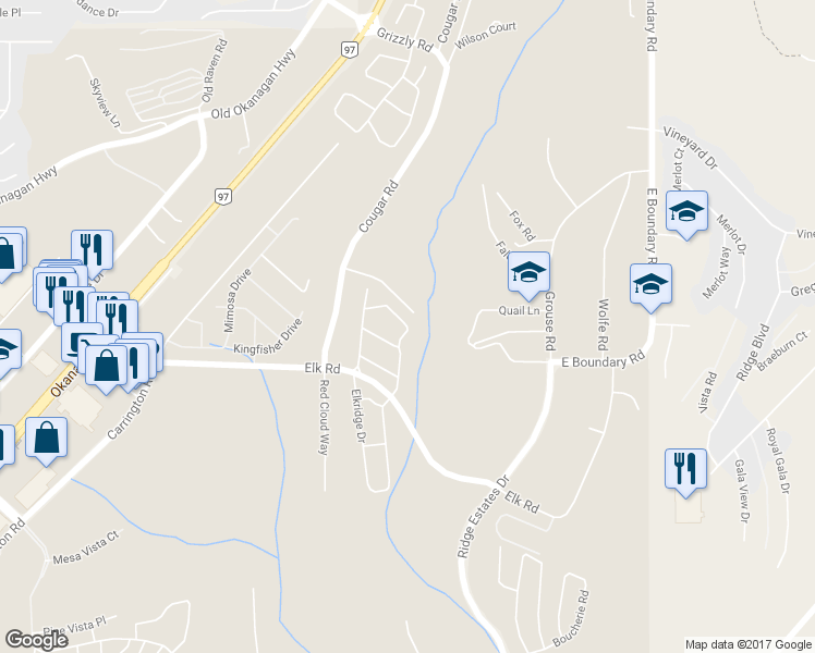 map of restaurants, bars, coffee shops, grocery stores, and more near 3479 Creekview Crescent in Central Okanagan