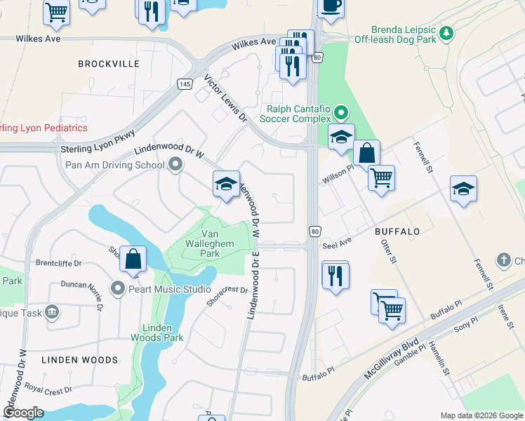 map of restaurants, bars, coffee shops, grocery stores, and more near 0 Lindenwood Drive West in Winnipeg