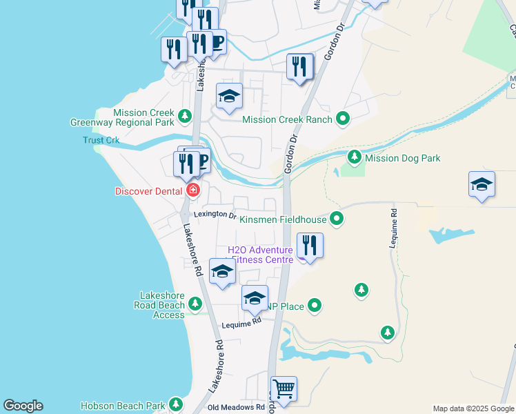 map of restaurants, bars, coffee shops, grocery stores, and more near 650 Lexington Drive in Kelowna