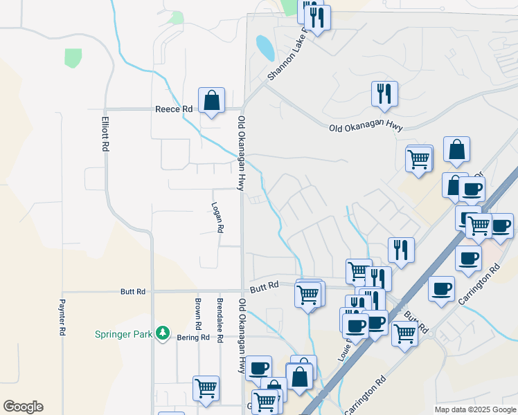 map of restaurants, bars, coffee shops, grocery stores, and more near 3409 Old Okanagan Highway in Central Okanagan