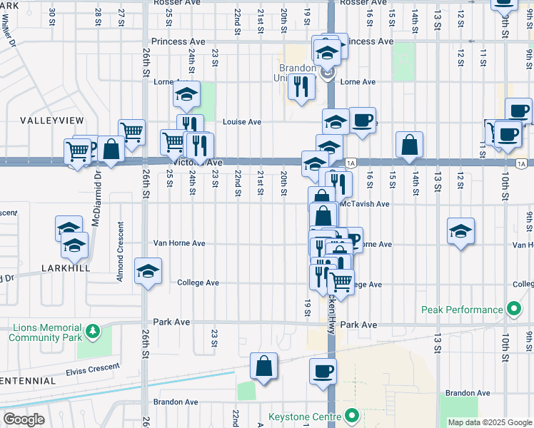map of restaurants, bars, coffee shops, grocery stores, and more near 611 21st Street in Brandon