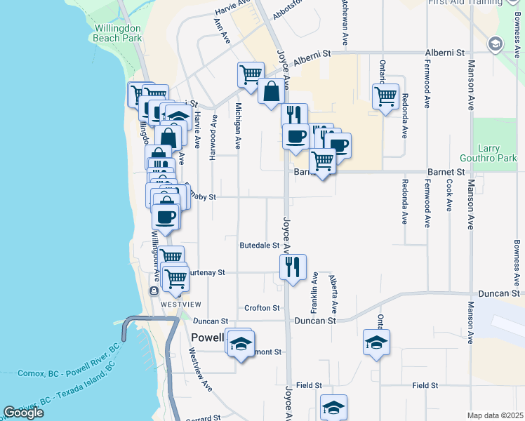map of restaurants, bars, coffee shops, grocery stores, and more near 4597 Golden Avenue in Powell River