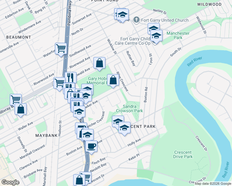 map of restaurants, bars, coffee shops, grocery stores, and more near 1 Crowson Bay in Winnipeg