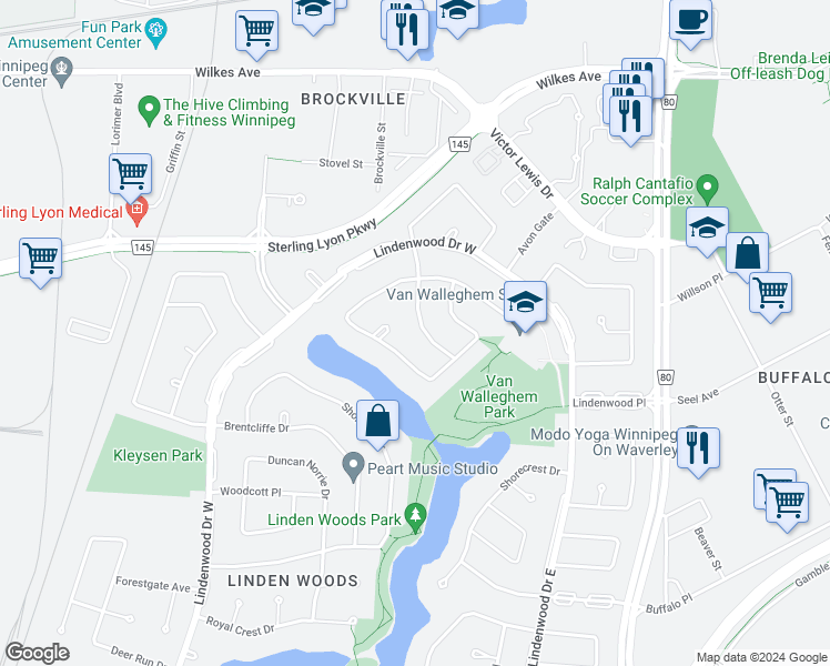 map of restaurants, bars, coffee shops, grocery stores, and more near 22 Kingsborough Drive in Winnipeg
