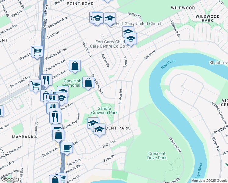 map of restaurants, bars, coffee shops, grocery stores, and more near 914 Wicklow Place in Winnipeg