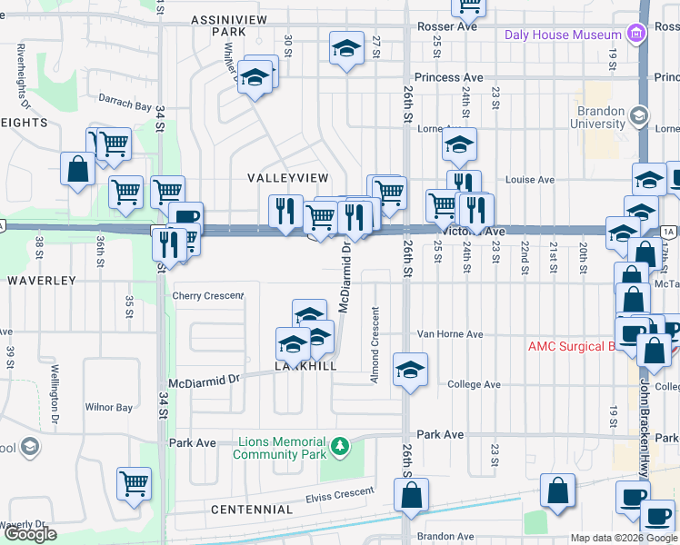 map of restaurants, bars, coffee shops, grocery stores, and more near 2 Sprucewoods Place in Brandon