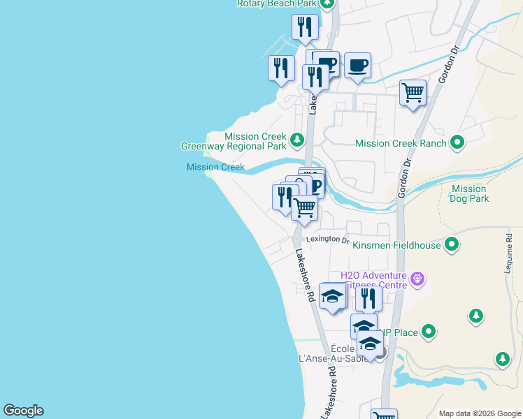map of restaurants, bars, coffee shops, grocery stores, and more near Bluebird Road in Kelowna