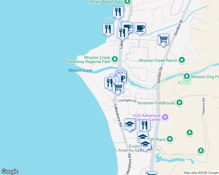 map of restaurants, bars, coffee shops, grocery stores, and more near 3984 Bluebird Road in Kelowna
