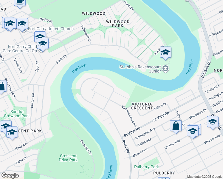 map of restaurants, bars, coffee shops, grocery stores, and more near 263 Victoria Crescent in Winnipeg