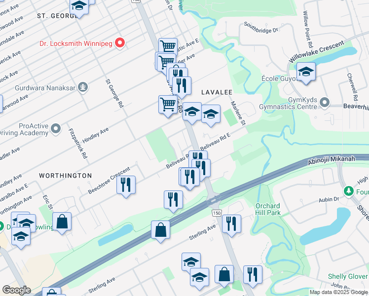 map of restaurants, bars, coffee shops, grocery stores, and more near 99 Trafford Park in Winnipeg