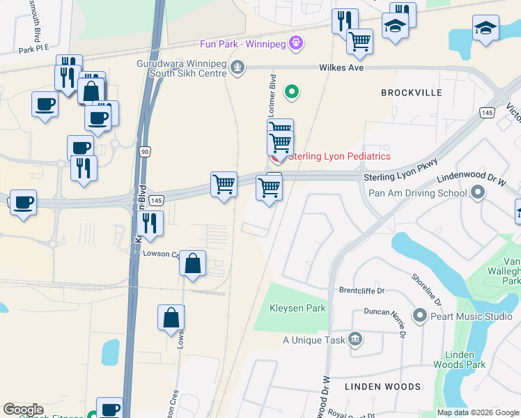 map of restaurants, bars, coffee shops, grocery stores, and more near Sterling Lyon Parkway in Winnipeg