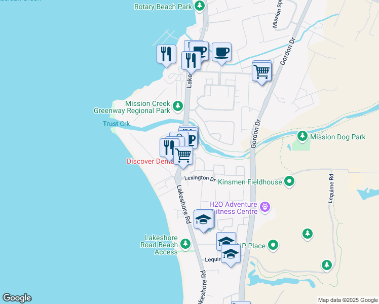 map of restaurants, bars, coffee shops, grocery stores, and more near 3957 Lakeshore Road in Kelowna