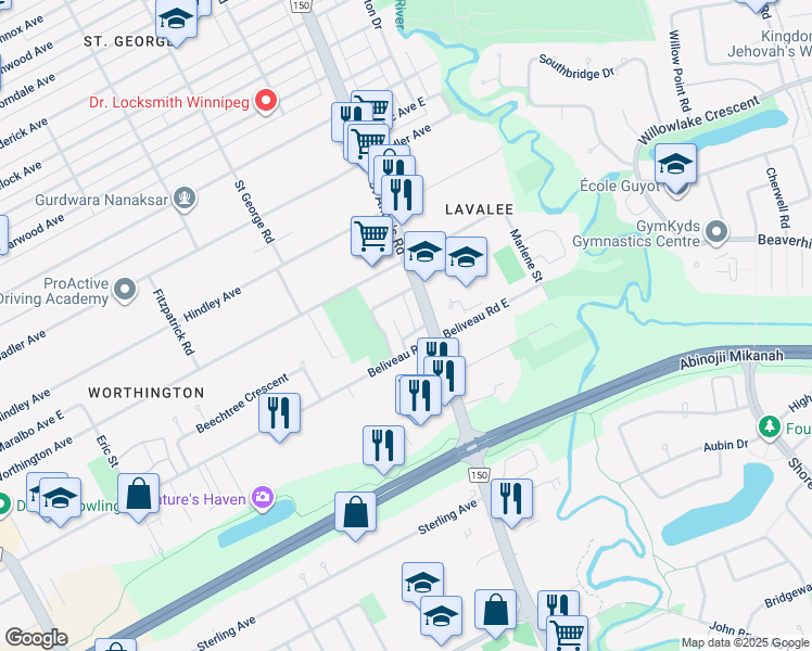 map of restaurants, bars, coffee shops, grocery stores, and more near 91 Trafford Park in Winnipeg
