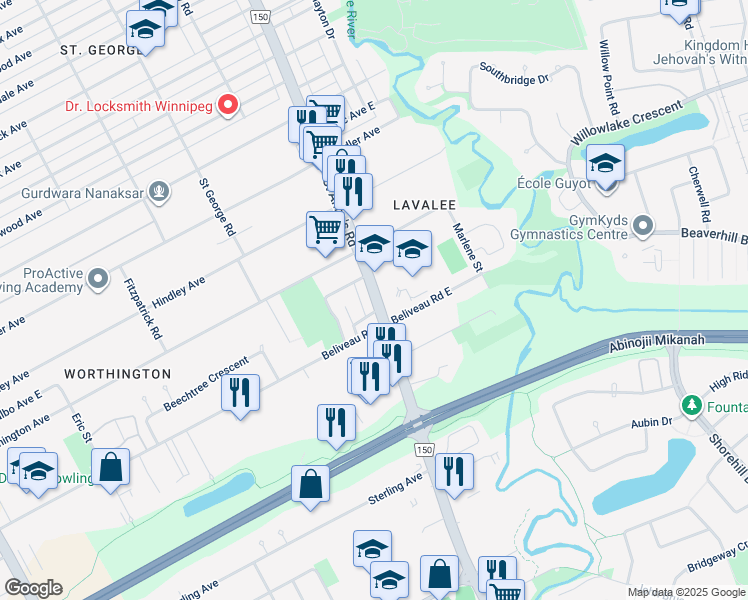 map of restaurants, bars, coffee shops, grocery stores, and more near 632 Saint Anne's Road in Winnipeg