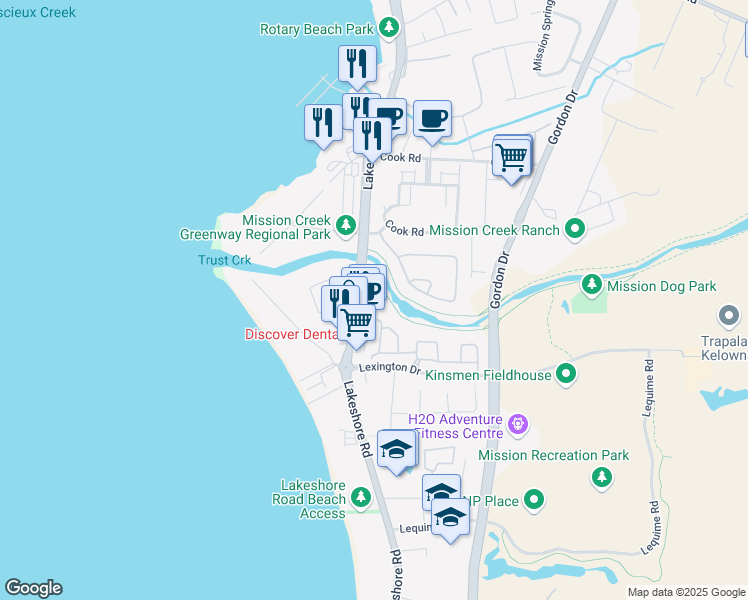 map of restaurants, bars, coffee shops, grocery stores, and more near 3957 Lakeshore Road in Kelowna