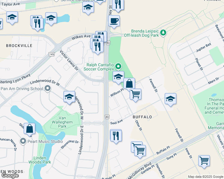 map of restaurants, bars, coffee shops, grocery stores, and more near 1565 Willson Place in Winnipeg