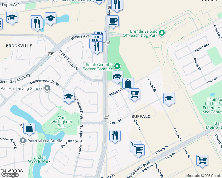 map of restaurants, bars, coffee shops, grocery stores, and more near 1565 Willson Place in Winnipeg