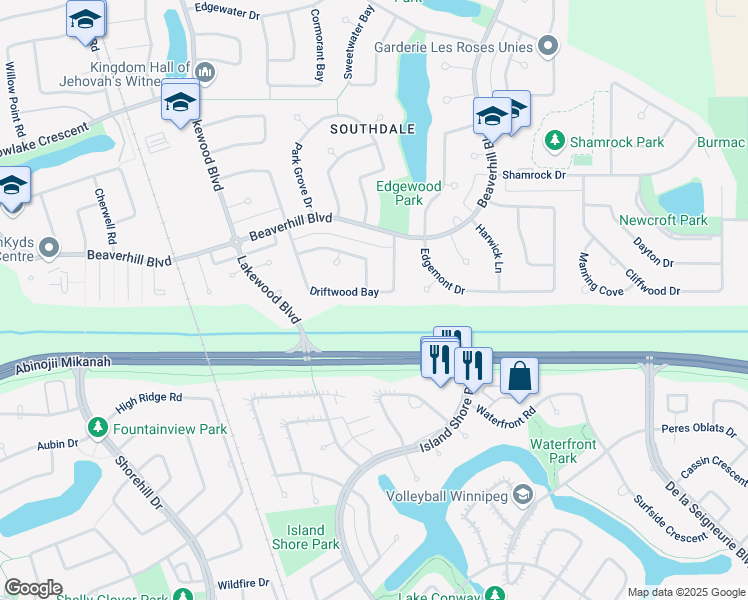 map of restaurants, bars, coffee shops, grocery stores, and more near 94 Driftwood Bay in Winnipeg
