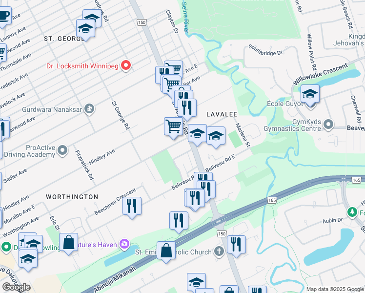 map of restaurants, bars, coffee shops, grocery stores, and more near 188 Worthington Avenue in Winnipeg