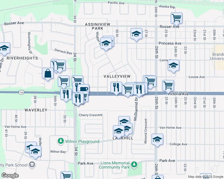 map of restaurants, bars, coffee shops, grocery stores, and more near 3015 Victoria Avenue in Brandon