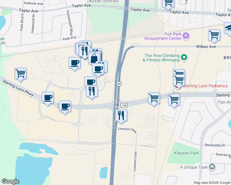 map of restaurants, bars, coffee shops, grocery stores, and more near 985 Kenaston Boulevard in Winnipeg