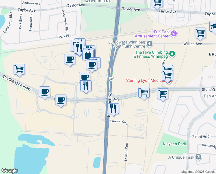 map of restaurants, bars, coffee shops, grocery stores, and more near 985 Kenaston Boulevard in Winnipeg