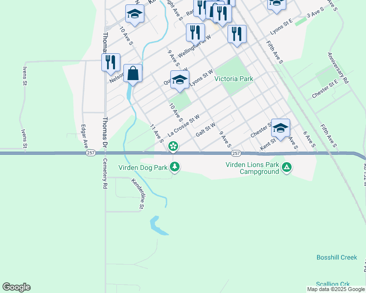 map of restaurants, bars, coffee shops, grocery stores, and more near 547 Galt Street West in Virden