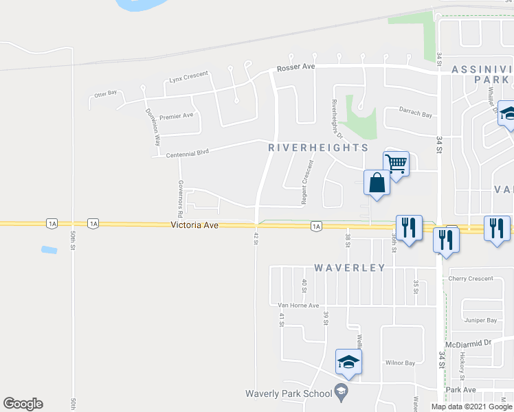 map of restaurants, bars, coffee shops, grocery stores, and more near Regent Crescent in Brandon