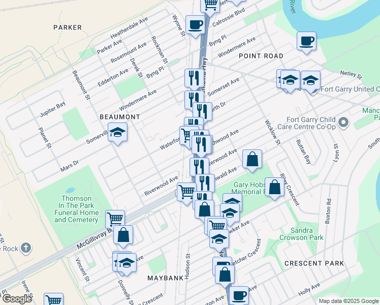 map of restaurants, bars, coffee shops, grocery stores, and more near 1235 Pembina Highway in Winnipeg