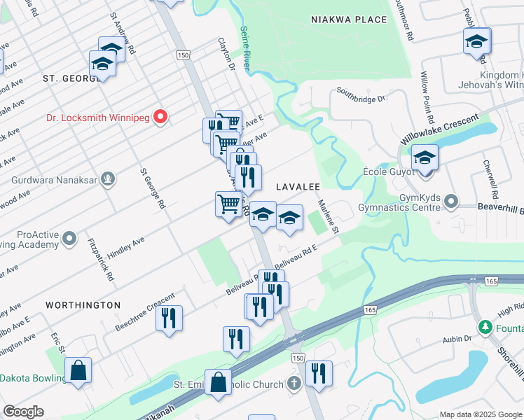 map of restaurants, bars, coffee shops, grocery stores, and more near 199 Worthington Avenue in Winnipeg