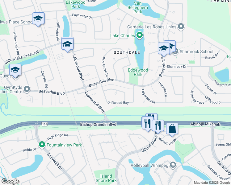 map of restaurants, bars, coffee shops, grocery stores, and more near Serino Place in Winnipeg
