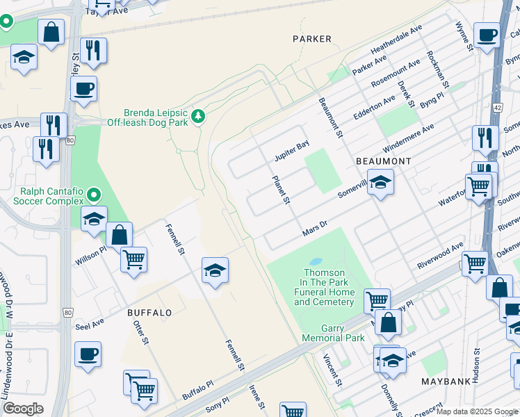 map of restaurants, bars, coffee shops, grocery stores, and more near 38 Saturn Bay in Winnipeg