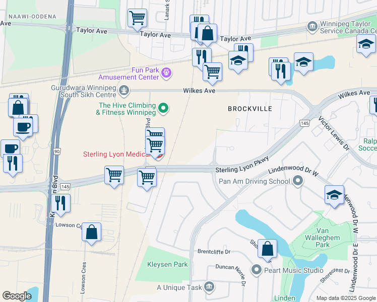 map of restaurants, bars, coffee shops, grocery stores, and more near 90 Paget Street in Winnipeg
