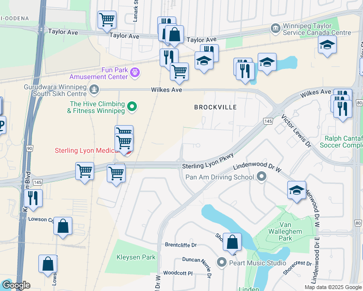 map of restaurants, bars, coffee shops, grocery stores, and more near Paget Street in Winnipeg