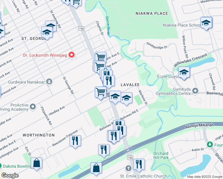 map of restaurants, bars, coffee shops, grocery stores, and more near 199 Worthington Avenue in Winnipeg