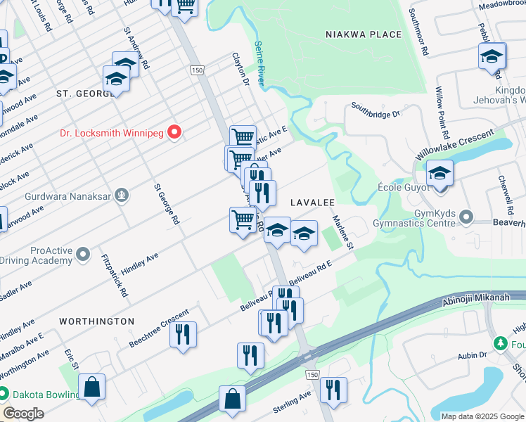 map of restaurants, bars, coffee shops, grocery stores, and more near 473 Saint Anne's Road in Winnipeg