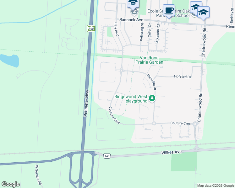 map of restaurants, bars, coffee shops, grocery stores, and more near 101 Couture Crescent in Winnipeg