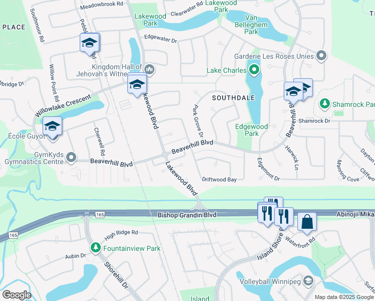 map of restaurants, bars, coffee shops, grocery stores, and more near 2 Driftwood Bay in Winnipeg
